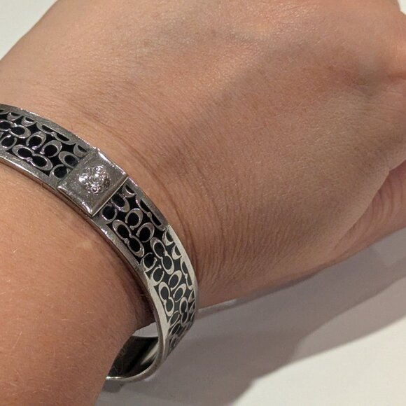 Authentic Coach Silver Tone Black C Signature 1/2 inch Bangle Bracelet - Picture 5 of 8